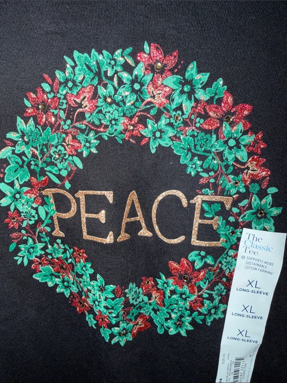 Croft & Barrow Black Long-Sleeve Shirt with Festive Wreath and PEACE Graphic - Picture 3 of 5